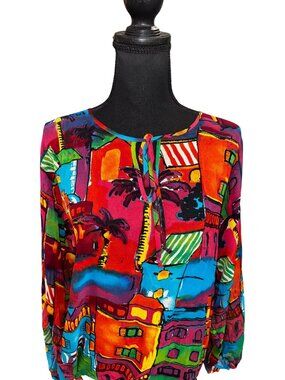 Chicos Multicolor Abstract Art To Wear 100% Silk Blouse Artsy Sustainable Women